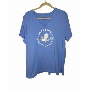 Life is Good Women's 2XL Blue V-Neck T-Shirt World's Longest Coffee Break